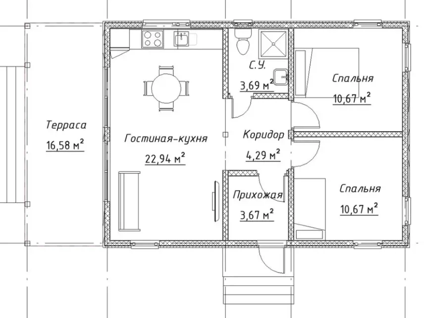 Готовий проект одноповерхового 3-кімнатного каркасного барнхаус будинку 72.5 кв.м.